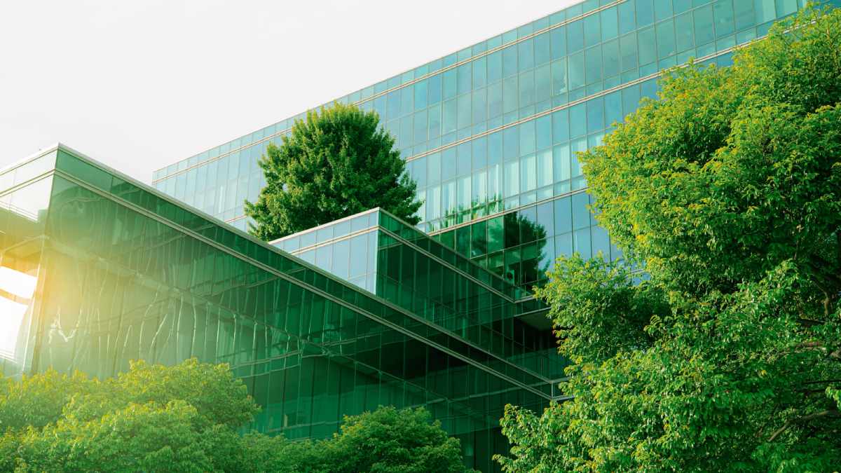 Glass building surrounded by leafy green trees